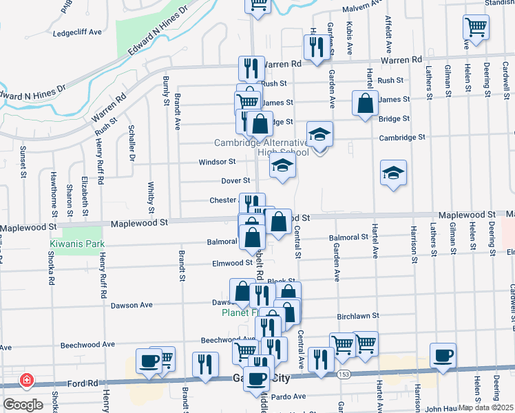map of restaurants, bars, coffee shops, grocery stores, and more near in Garden City
