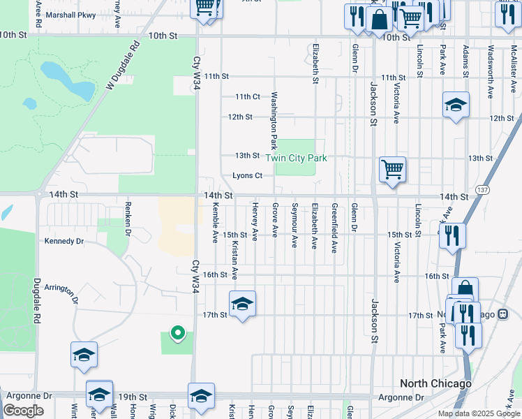 map of restaurants, bars, coffee shops, grocery stores, and more near 1435 Hervey Avenue in North Chicago
