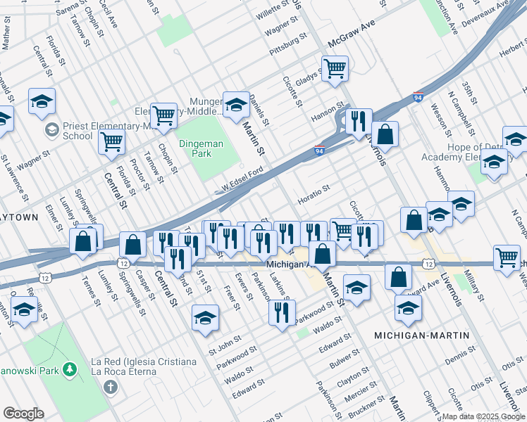 map of restaurants, bars, coffee shops, grocery stores, and more near 4925 Braden Street in Detroit