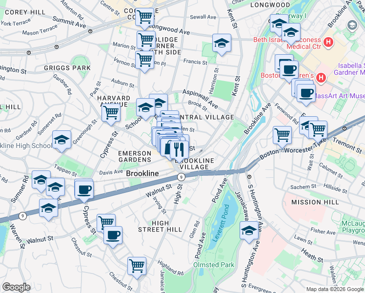 map of restaurants, bars, coffee shops, grocery stores, and more near 4 Station Street in Brookline