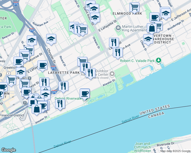 map of restaurants, bars, coffee shops, grocery stores, and more near in Detroit
