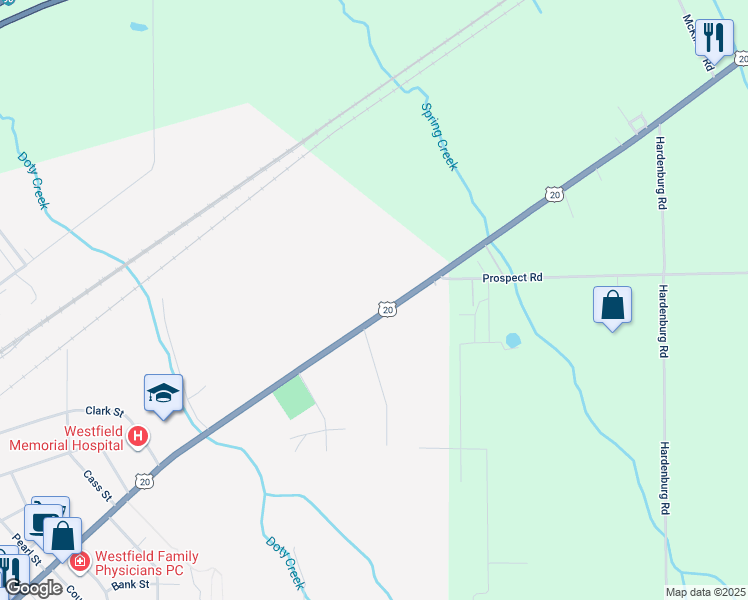 map of restaurants, bars, coffee shops, grocery stores, and more near 309 East Main Street in Westfield