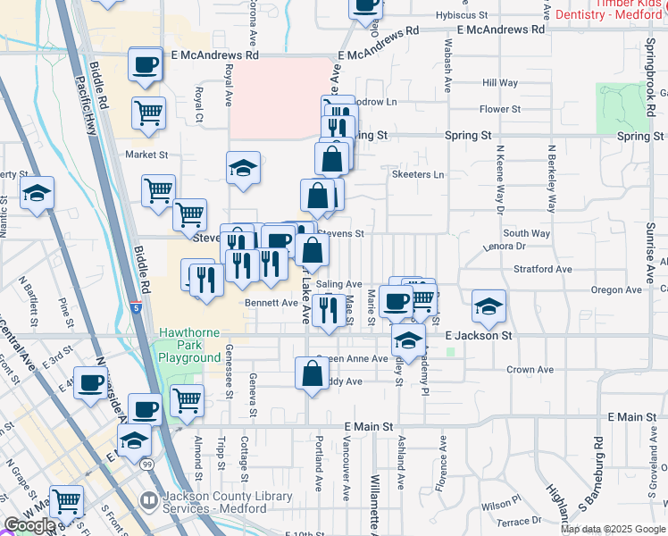 map of restaurants, bars, coffee shops, grocery stores, and more near 503 Mae Street in Medford