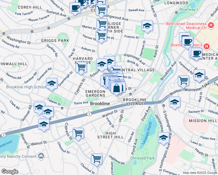 map of restaurants, bars, coffee shops, grocery stores, and more near 284 Washington Street in Brookline