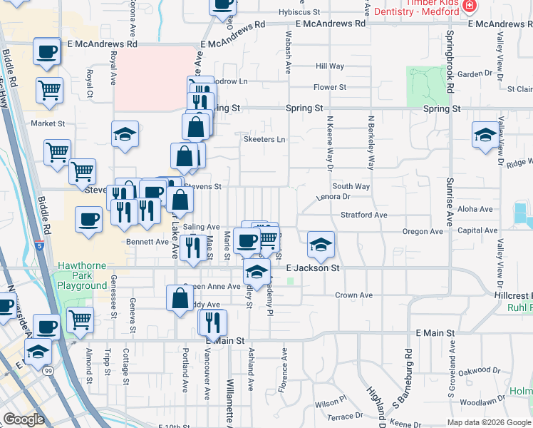 map of restaurants, bars, coffee shops, grocery stores, and more near 516 Bessie Street in Medford