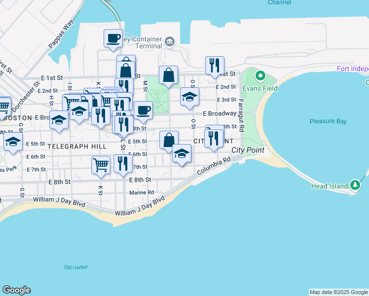 map of restaurants, bars, coffee shops, grocery stores, and more near 1 O Street Place in Boston