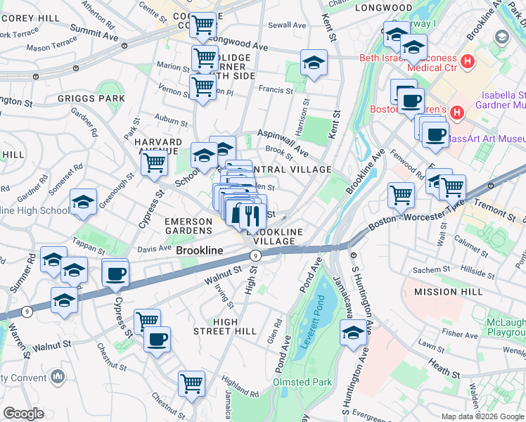 map of restaurants, bars, coffee shops, grocery stores, and more near 4 Station Street in Brookline