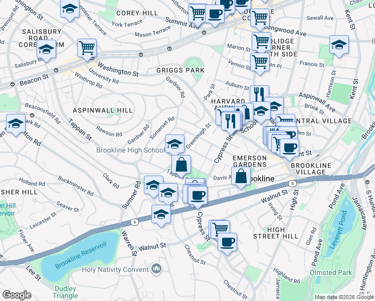 map of restaurants, bars, coffee shops, grocery stores, and more near 60 Gorham Avenue in Brookline