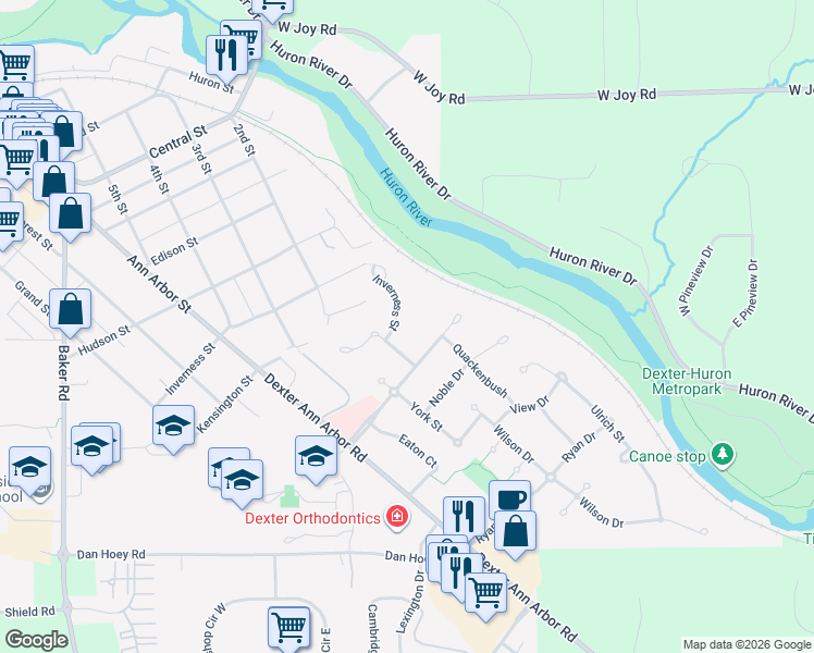 map of restaurants, bars, coffee shops, grocery stores, and more near 7409 Lake Street in Dexter