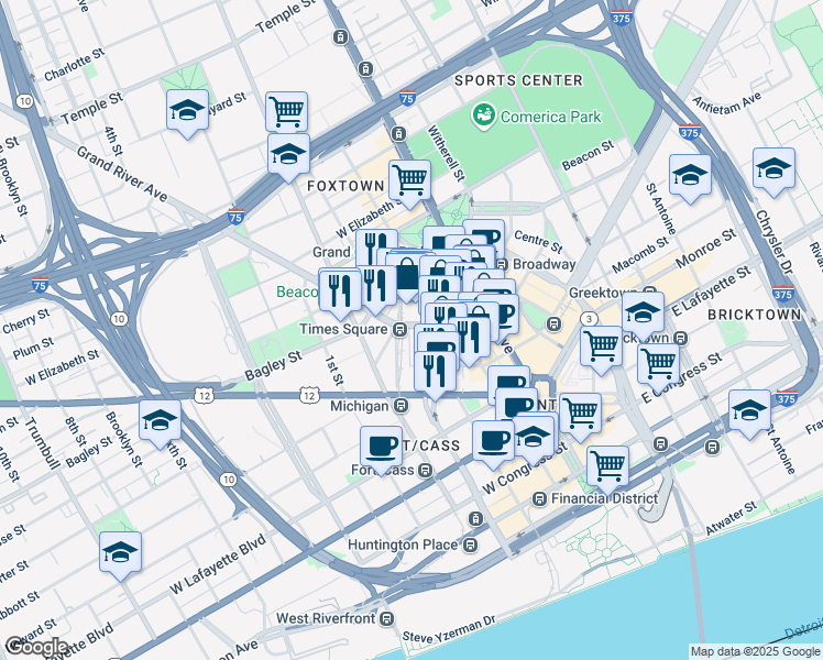 map of restaurants, bars, coffee shops, grocery stores, and more near 10 Times Square in Detroit