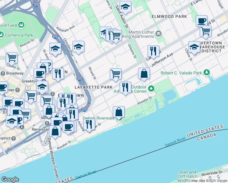 map of restaurants, bars, coffee shops, grocery stores, and more near 1380 East Jefferson Avenue in Detroit