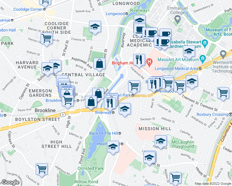 map of restaurants, bars, coffee shops, grocery stores, and more near 382 Riverway in Boston