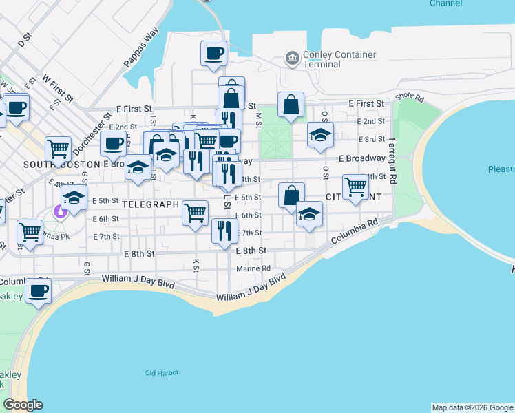 map of restaurants, bars, coffee shops, grocery stores, and more near 661 East 6th Street in Boston