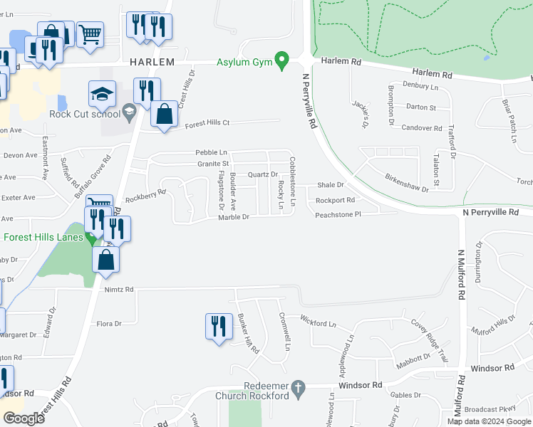 map of restaurants, bars, coffee shops, grocery stores, and more near 5010 Limestone Drive in Loves Park