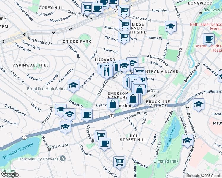 map of restaurants, bars, coffee shops, grocery stores, and more near 27 Waverly Street in Brookline