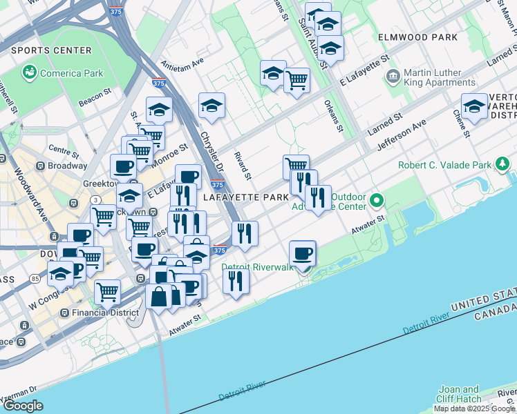 map of restaurants, bars, coffee shops, grocery stores, and more near 1300 East Jefferson Avenue in Detroit