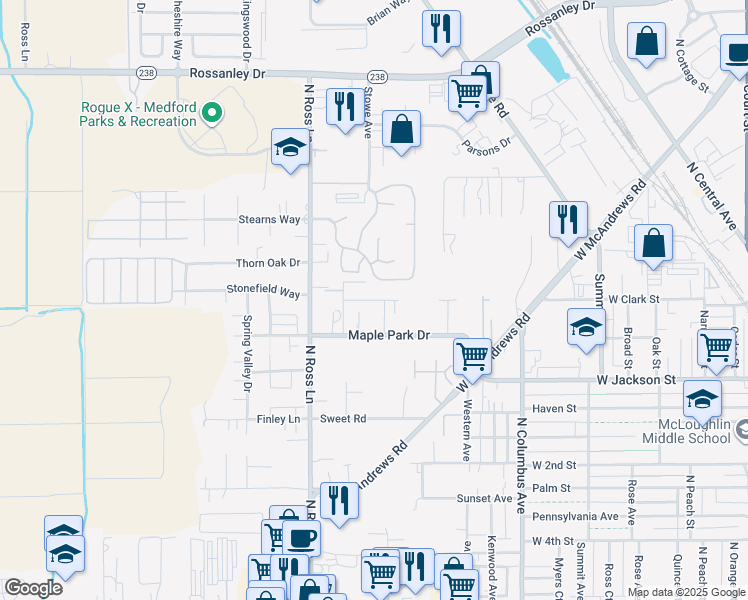 map of restaurants, bars, coffee shops, grocery stores, and more near 1122 Katie Mae Drive in Medford