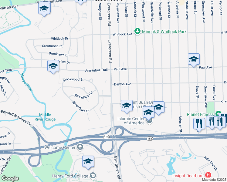map of restaurants, bars, coffee shops, grocery stores, and more near 6086 Evergreen Road in Detroit