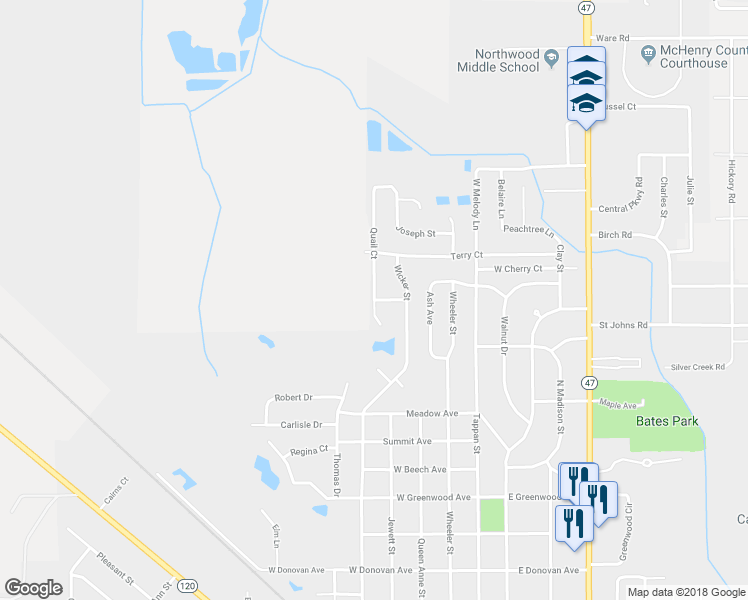 map of restaurants, bars, coffee shops, grocery stores, and more near Quail Court & Fox Lane in Woodstock