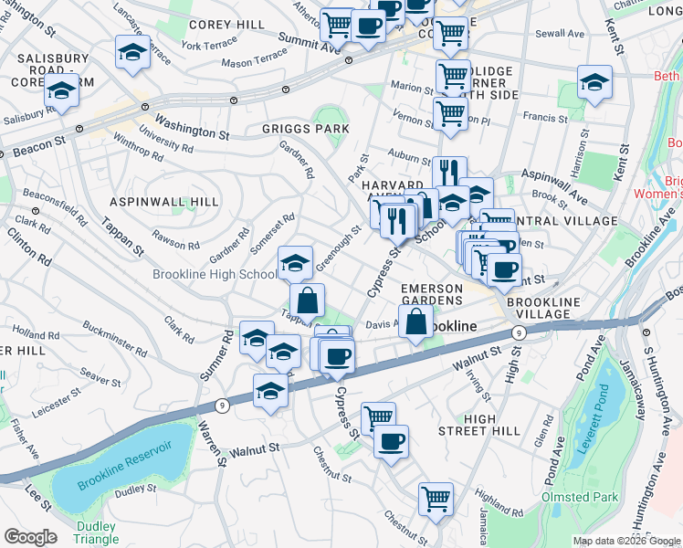 map of restaurants, bars, coffee shops, grocery stores, and more near 16 Gorham Avenue in Brookline