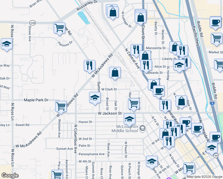 map of restaurants, bars, coffee shops, grocery stores, and more near 403 West Clark Street in Medford