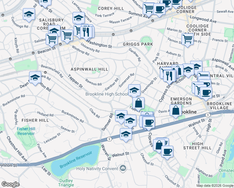 map of restaurants, bars, coffee shops, grocery stores, and more near 88 Tappan Street in Brookline