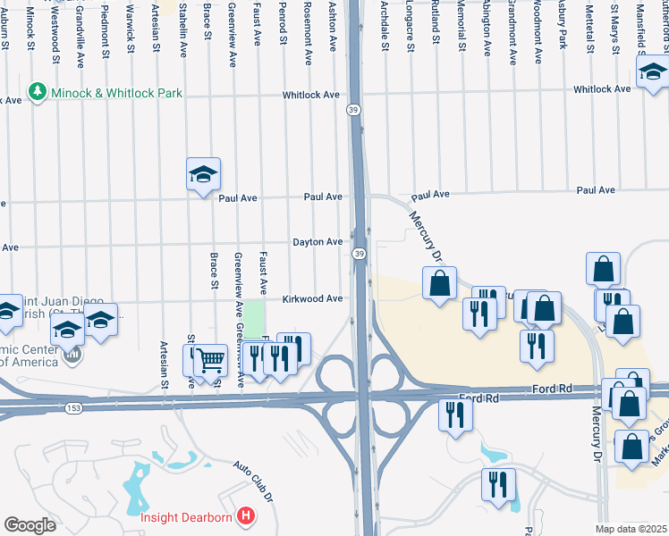 map of restaurants, bars, coffee shops, grocery stores, and more near 6075 Ashton Avenue in Detroit