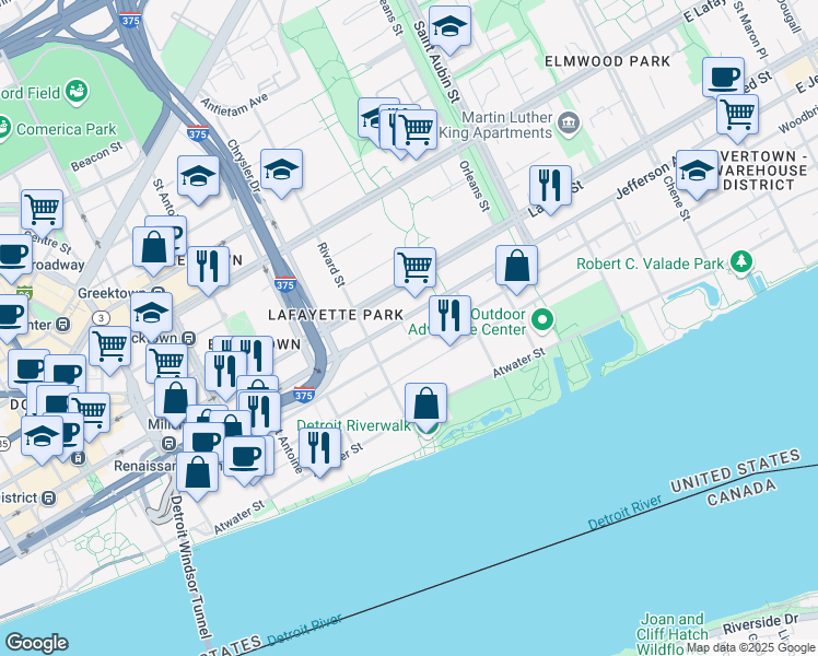 map of restaurants, bars, coffee shops, grocery stores, and more near 1380 East Jefferson Avenue in Detroit