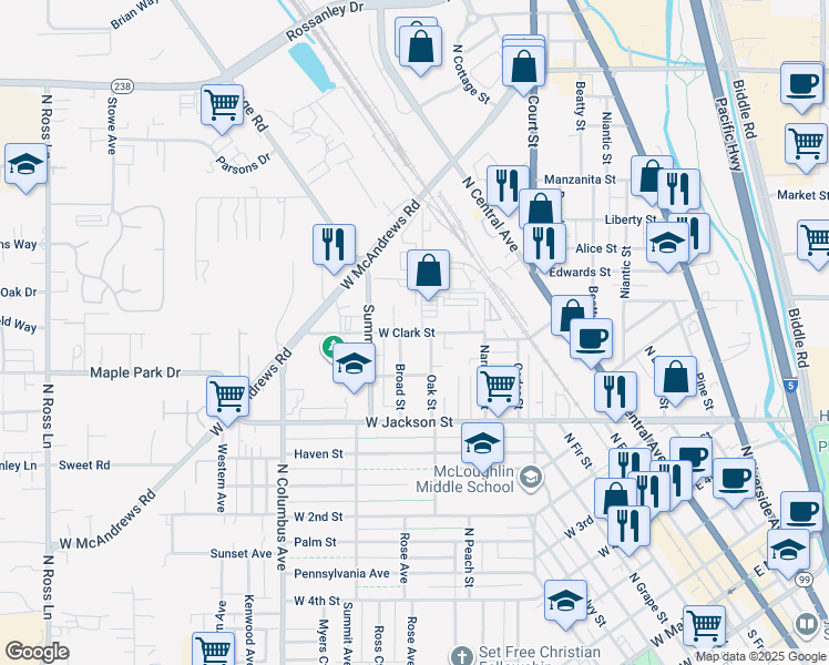 map of restaurants, bars, coffee shops, grocery stores, and more near 818 Oak Street in Medford
