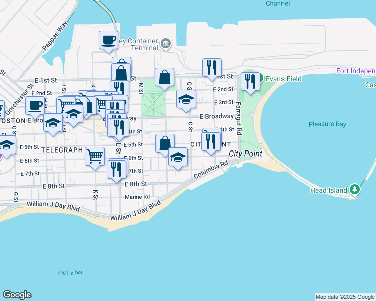 map of restaurants, bars, coffee shops, grocery stores, and more near 1 O Street Place in Boston