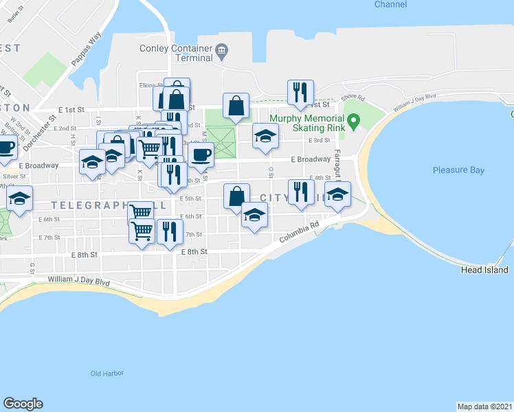 map of restaurants, bars, coffee shops, grocery stores, and more near 1 O Street Place in Boston