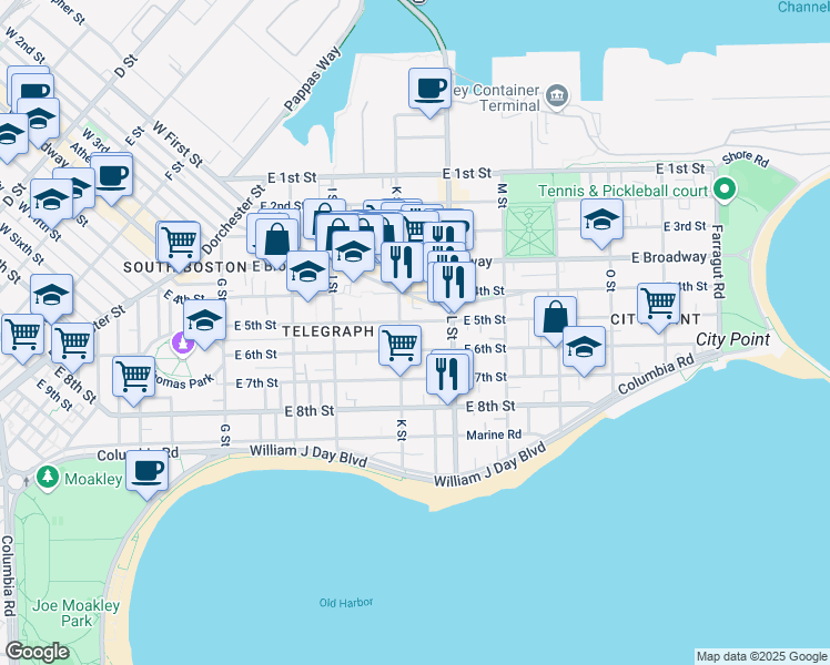 map of restaurants, bars, coffee shops, grocery stores, and more near 589 East 6th Street in Boston