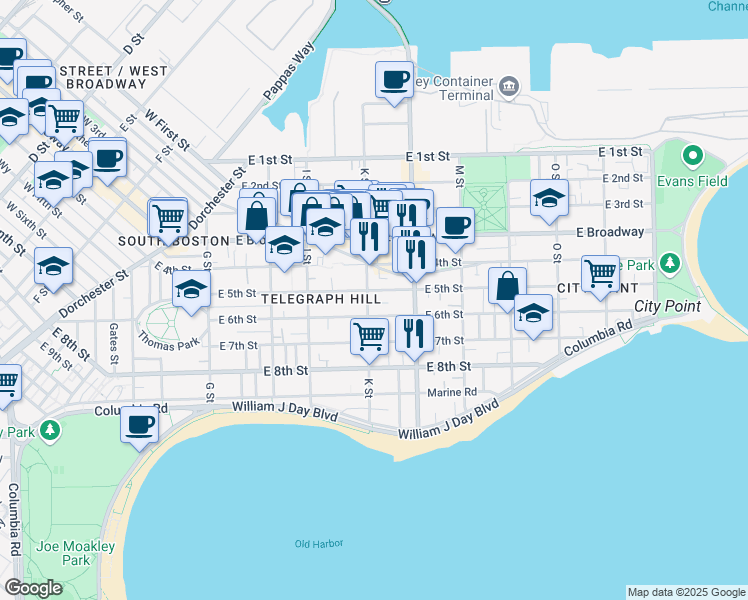 map of restaurants, bars, coffee shops, grocery stores, and more near 589 East 6th Street in Boston