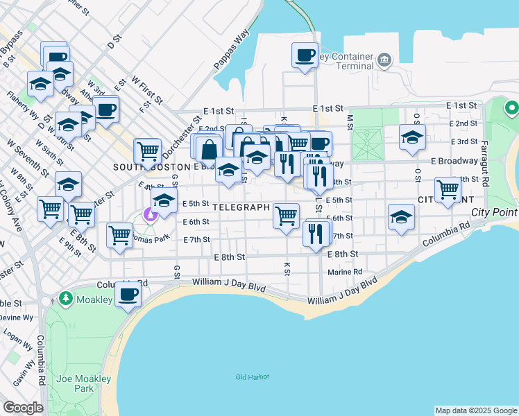 map of restaurants, bars, coffee shops, grocery stores, and more near 553 East 6th Street in Boston