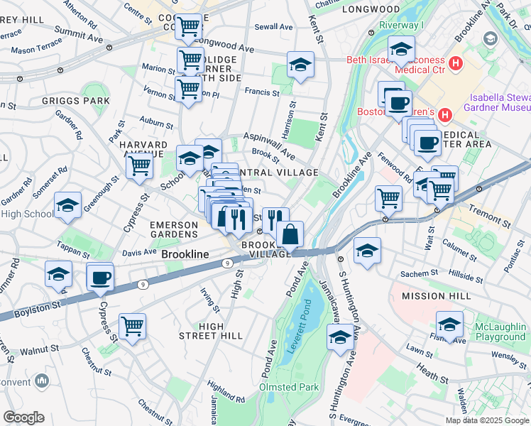 map of restaurants, bars, coffee shops, grocery stores, and more near in Brookline