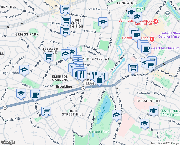 map of restaurants, bars, coffee shops, grocery stores, and more near in Brookline