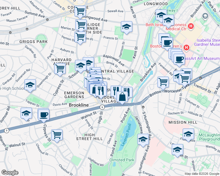 map of restaurants, bars, coffee shops, grocery stores, and more near in Brookline