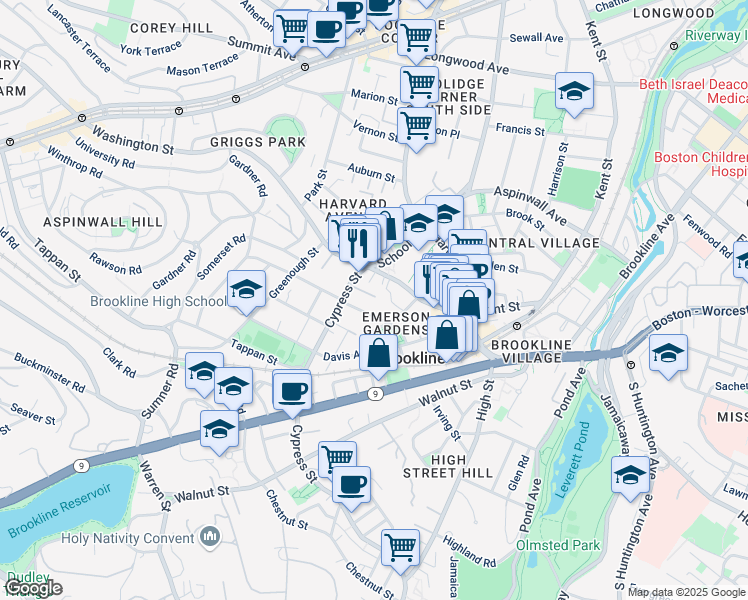 map of restaurants, bars, coffee shops, grocery stores, and more near 27 Waverly Street in Brookline
