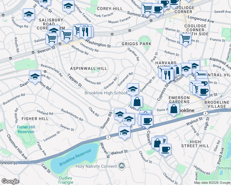 map of restaurants, bars, coffee shops, grocery stores, and more near 88 Tappan Street in Brookline