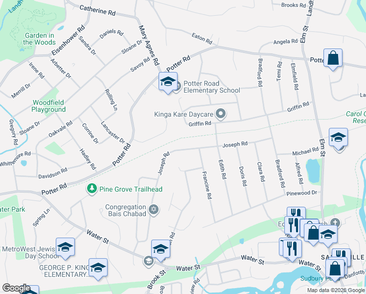 map of restaurants, bars, coffee shops, grocery stores, and more near 36 Joseph Road in Framingham