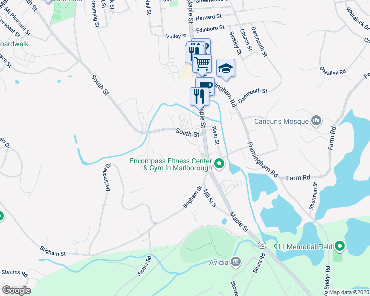 map of restaurants, bars, coffee shops, grocery stores, and more near 35 Mill Street Central in Marlborough