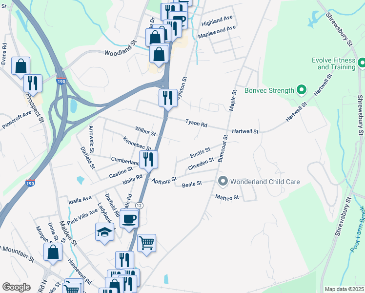 map of restaurants, bars, coffee shops, grocery stores, and more near 17 Eustis Street in Worcester