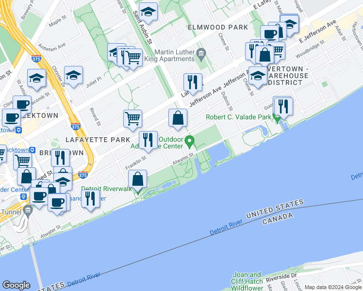 map of restaurants, bars, coffee shops, grocery stores, and more near 1561 Atwater Street in Detroit