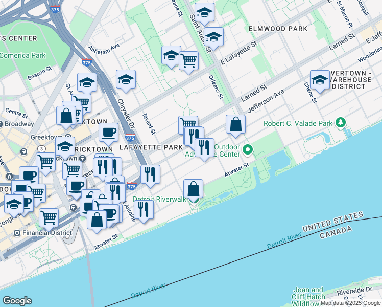 map of restaurants, bars, coffee shops, grocery stores, and more near 1400 Woodbridge Street in Detroit