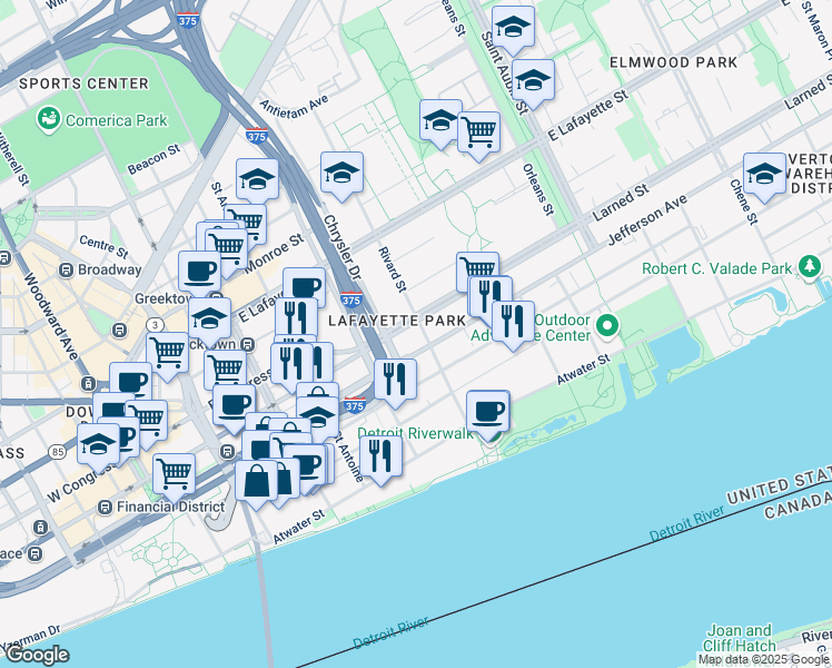map of restaurants, bars, coffee shops, grocery stores, and more near 1300 East Jefferson Avenue in Detroit