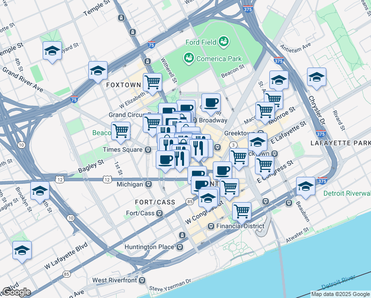 map of restaurants, bars, coffee shops, grocery stores, and more near in Detroit
