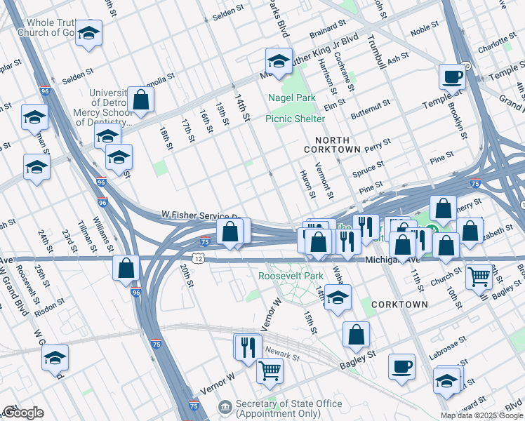 map of restaurants, bars, coffee shops, grocery stores, and more near 2643 15th Street in Detroit
