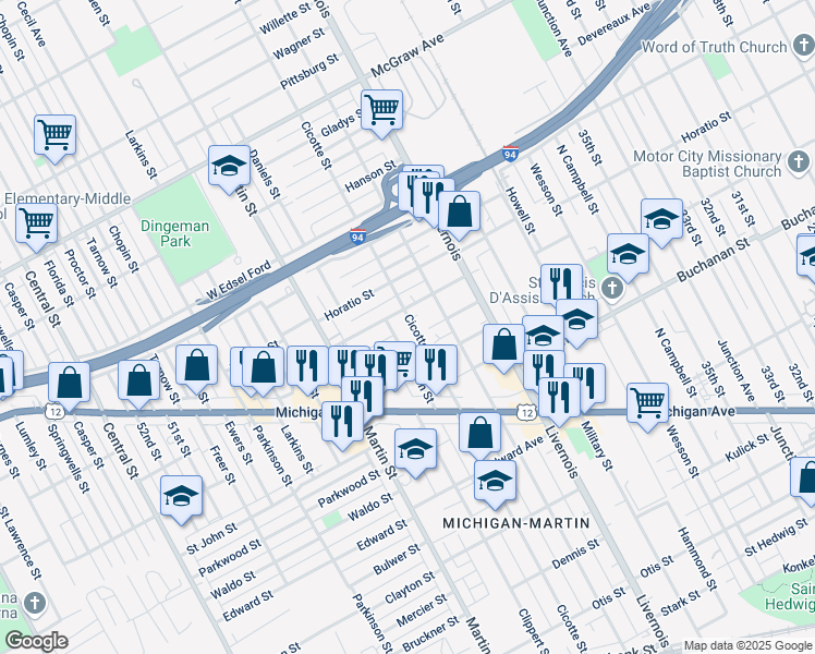 map of restaurants, bars, coffee shops, grocery stores, and more near 4650 Burton Street in Detroit