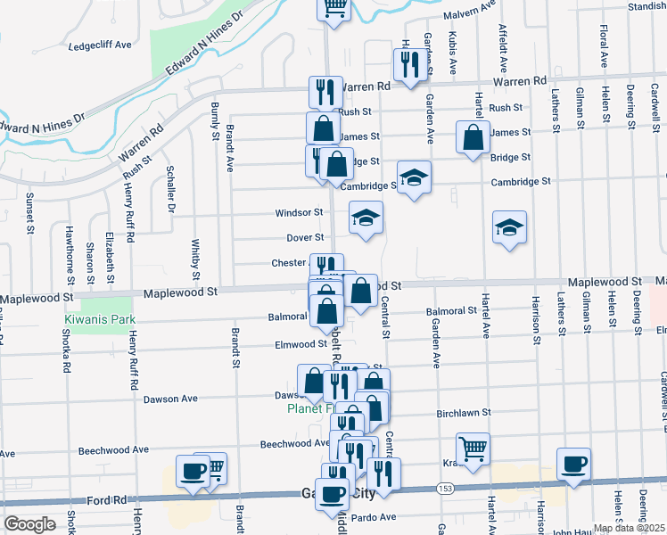 map of restaurants, bars, coffee shops, grocery stores, and more near in Garden City