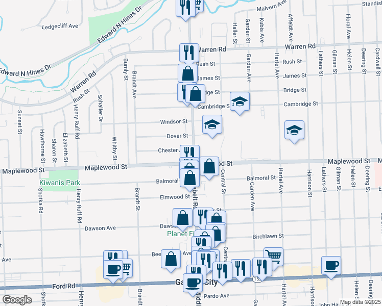 map of restaurants, bars, coffee shops, grocery stores, and more near in Garden City